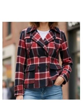 American Eagle Wool Blend Plaid Pea Coat Tartan Red Navy White Button SZ XS 2009